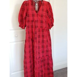 New Topshop Black & Red V-Neck 3/4 Puff Sleeve Midi Dress Womens Size 6